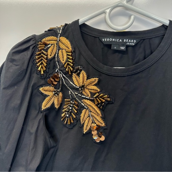 VERONICA BEARD franchi embellished applique top in black puff sleeve size small - Picture 5 of 12